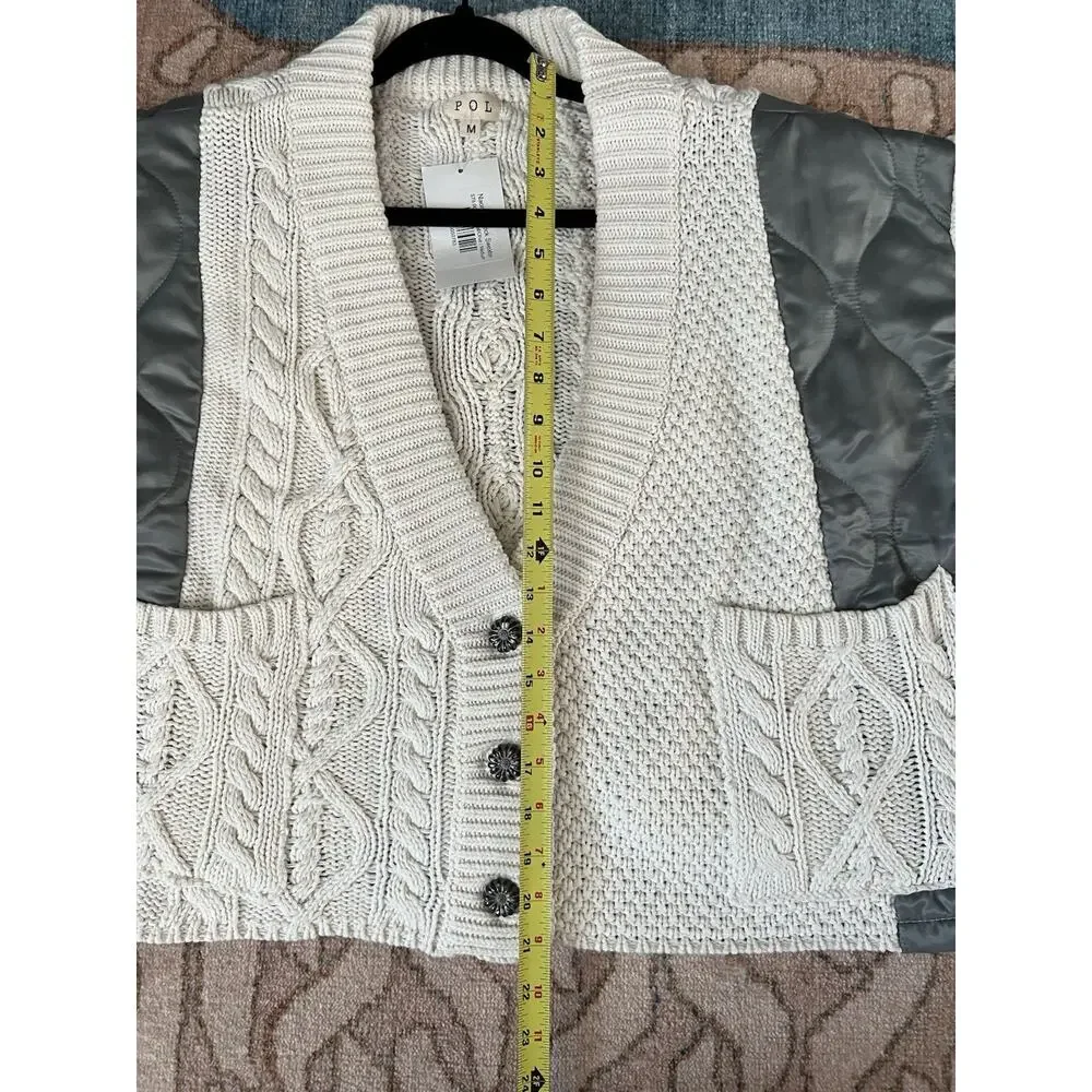 POL Naomi Cable Knit Mixed Media Boxy Grandpa Cardigan Jacket Sz M NWT - Picture 15 of 15